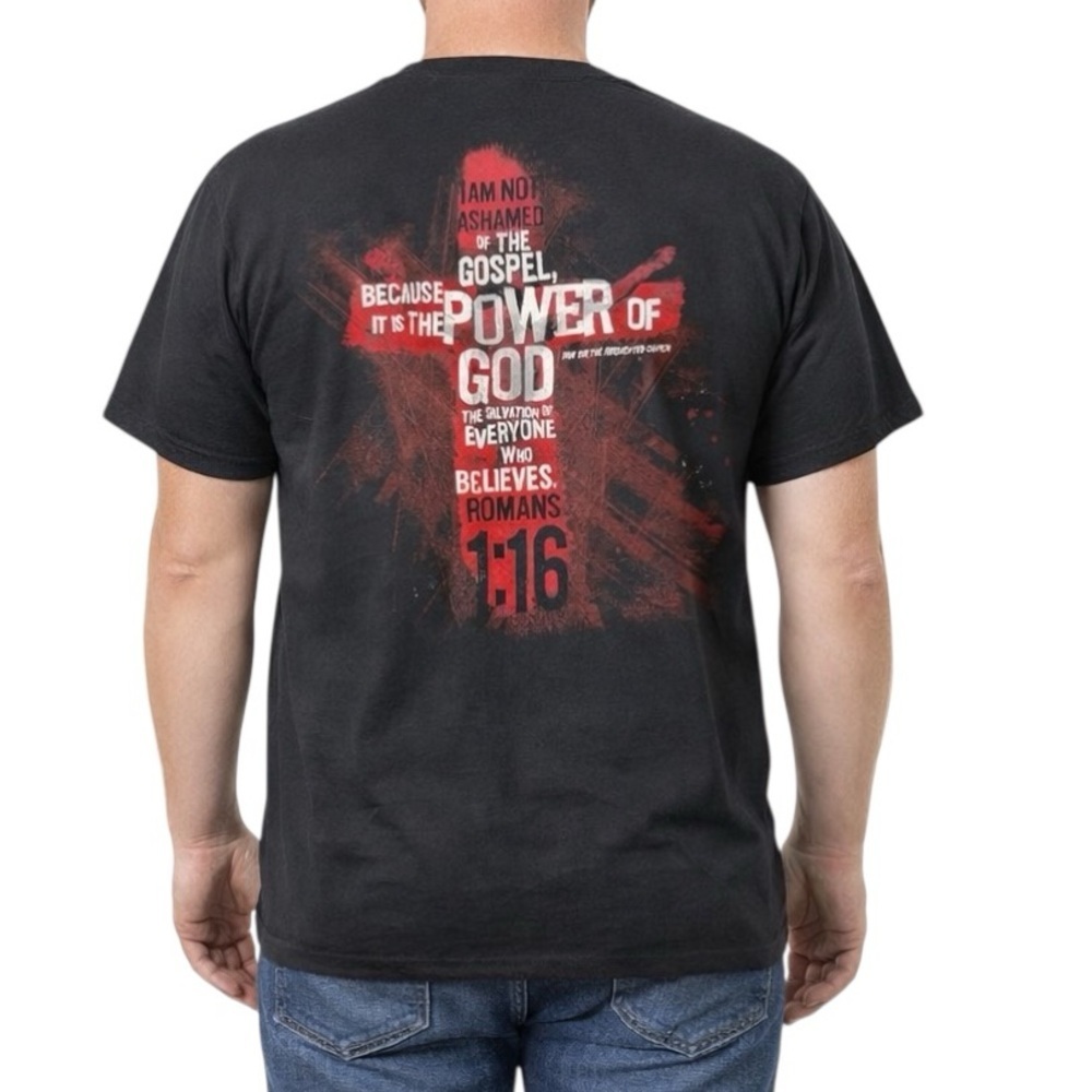 Christian Romans 1:16 Cross Graphic T-Shirt Black Gildan Size L Faith Tee NWT - Picture 3 of 10